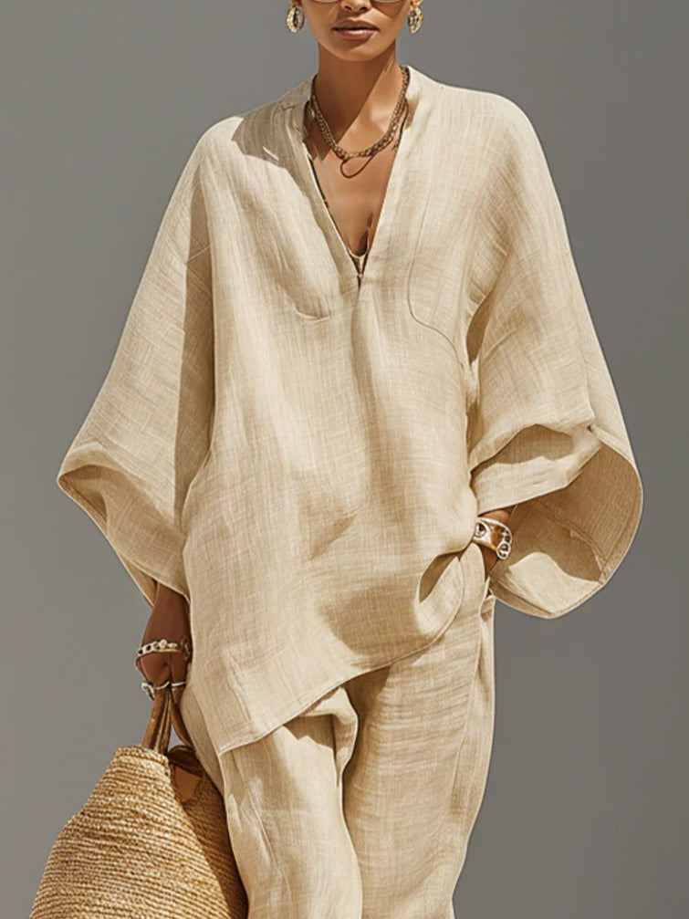 Licht Khaki Minimalistische Asymmetrische Hem Top En Jogger Broek Set
