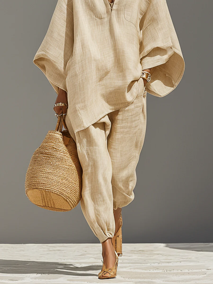 Licht Khaki Minimalistische Asymmetrische Hem Top En Jogger Broek Set