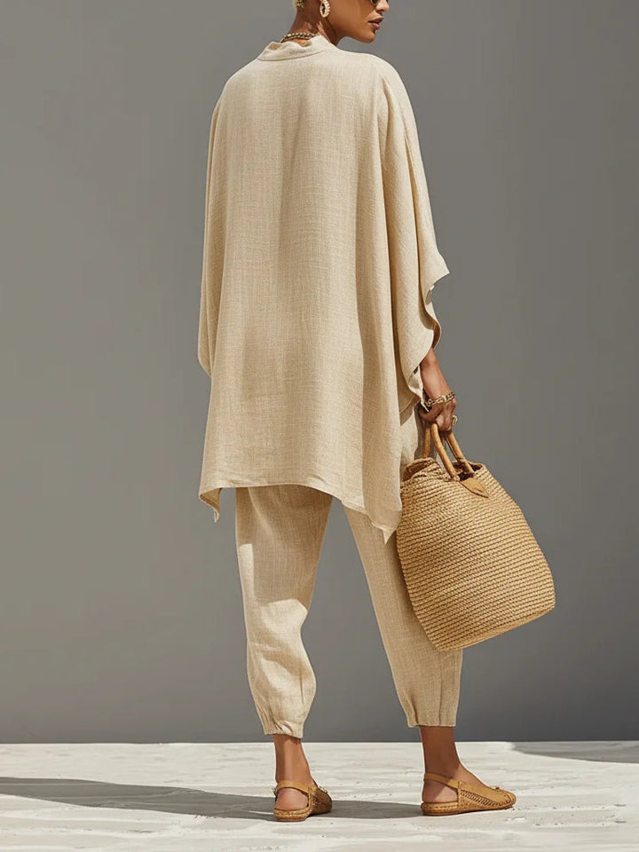 Licht Khaki Minimalistische Asymmetrische Hem Top En Jogger Broek Set