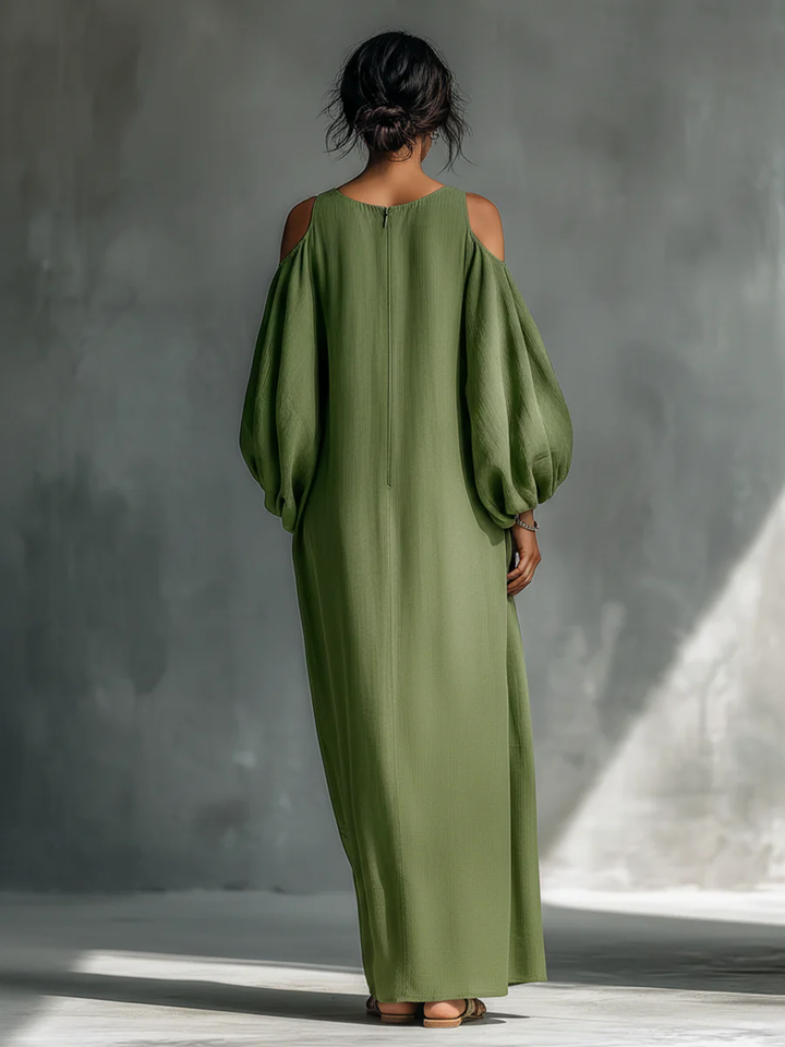 Groene Off-shoulder Oversized Puff Sleeve Maxi Jurk