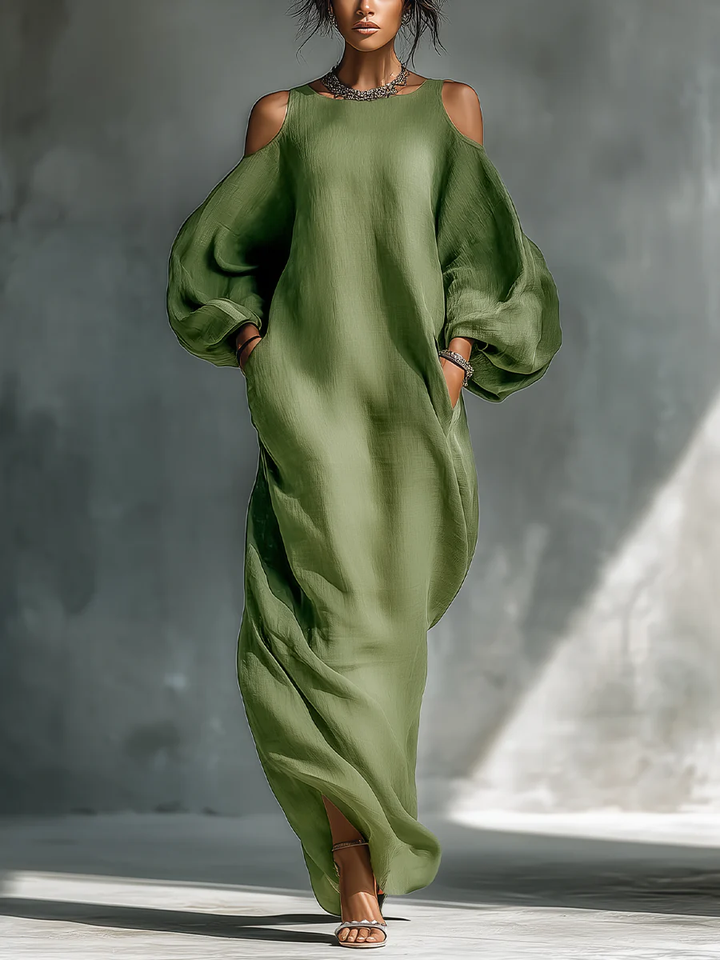 Groene Off-shoulder Oversized Puff Sleeve Maxi Jurk