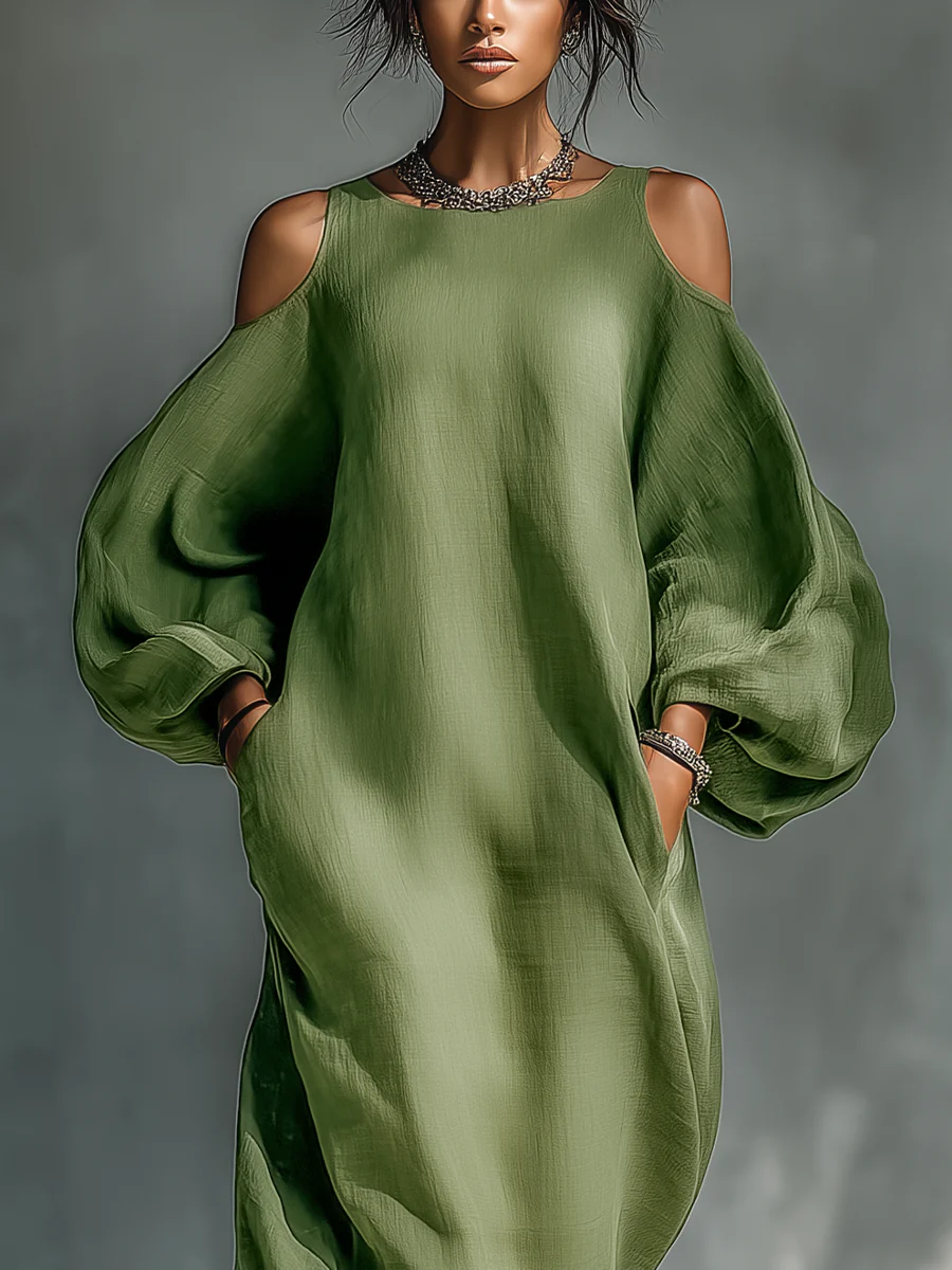 Groene Off-shoulder Oversized Puff Sleeve Maxi Jurk