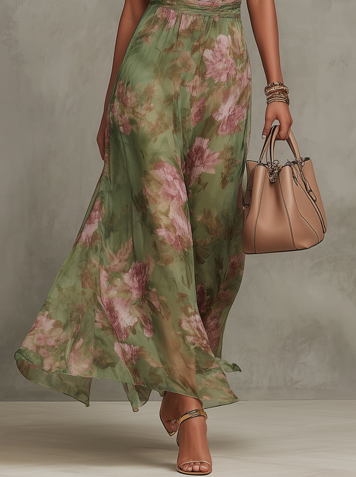 Serena - Lange groene bloemenjurk van chiffon met halternek