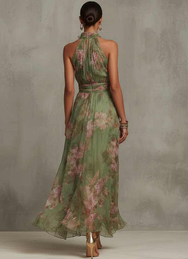 Serena - Lange groene bloemenjurk van chiffon met halternek