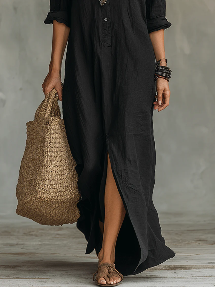 Zwarte Knop-down Vooropening Loszittende Shirt Maxi Jurk