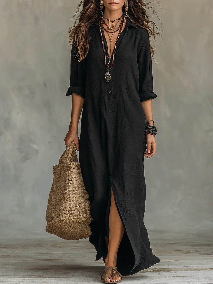 Zwarte Knop-down Vooropening Loszittende Shirt Maxi Jurk