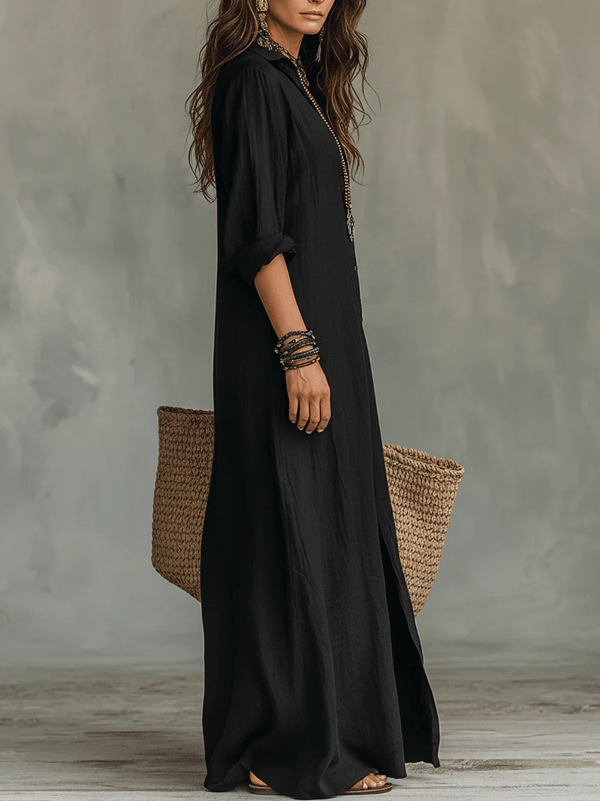 Zwarte Knop-down Vooropening Loszittende Shirt Maxi Jurk