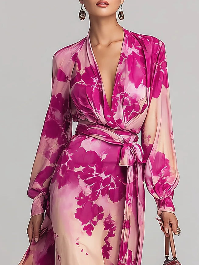 Roze Rode Bloemen V-hals Riem Maxi Jurk