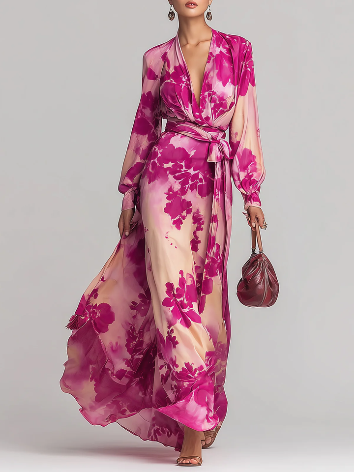Roze Rode Bloemen V-hals Riem Maxi Jurk