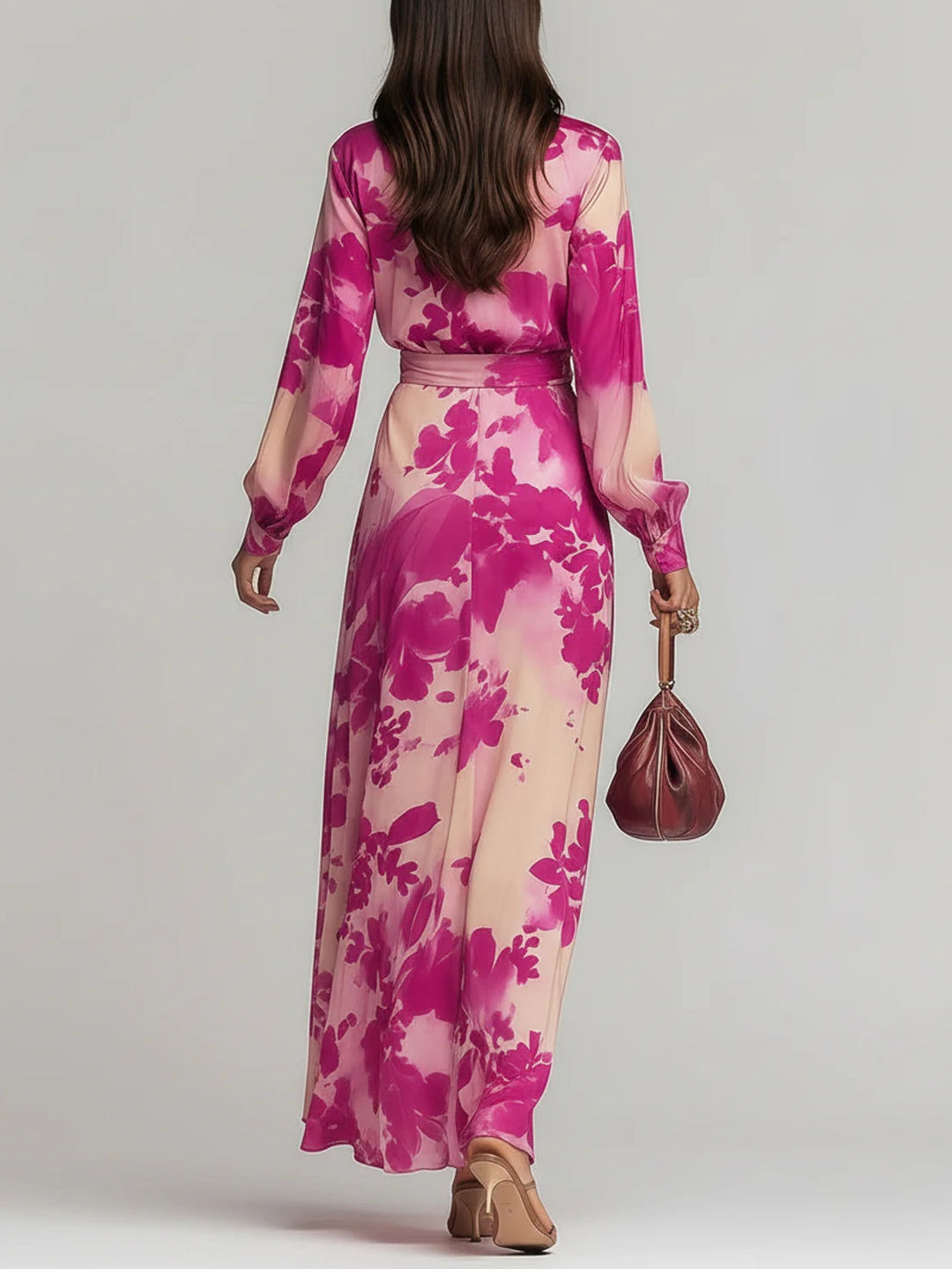 Roze Rode Bloemen V-hals Riem Maxi Jurk