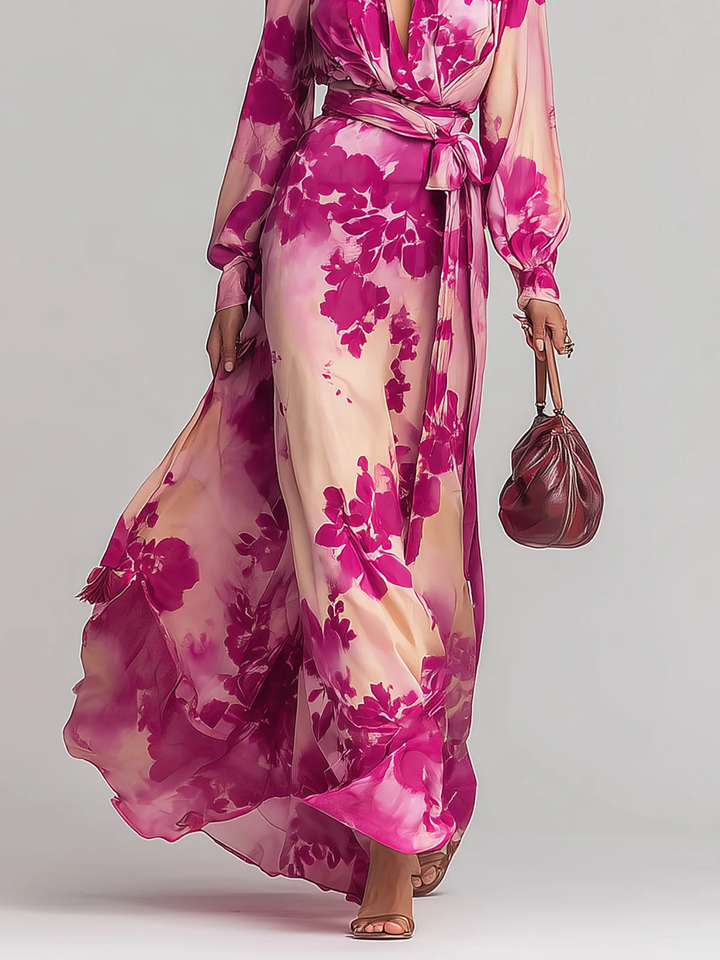 Roze Rode Bloemen V-hals Riem Maxi Jurk