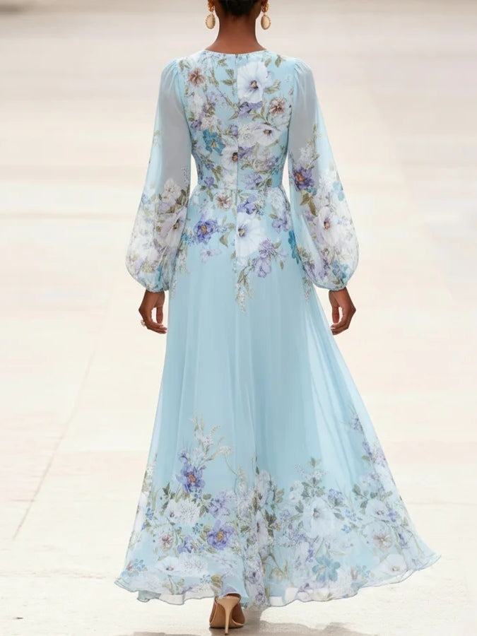 Lichtblauwe V-hals Chiffon Gedrukt Maxi Jurk