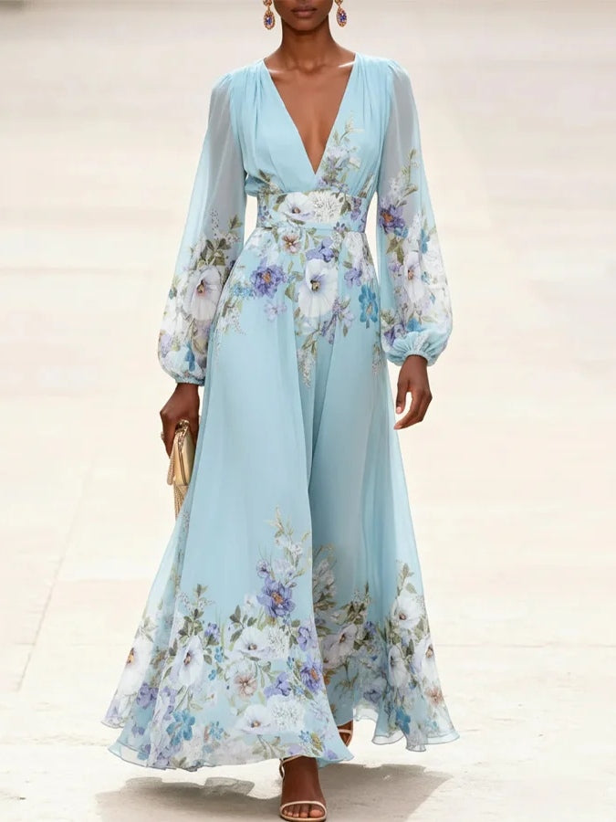 Lichtblauwe V-hals Chiffon Gedrukt Maxi Jurk