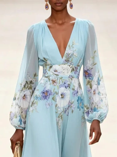 Lichtblauwe V-hals Chiffon Gedrukt Maxi Jurk