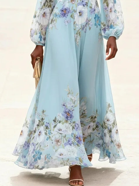 Lichtblauwe V-hals Chiffon Gedrukt Maxi Jurk