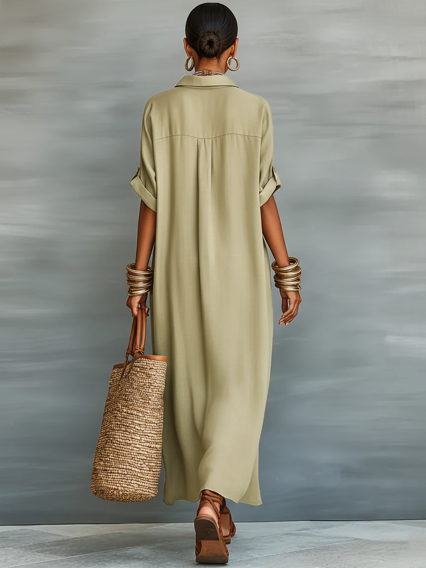 Olijfgroen Minimalistisch Patchwork Korte Mouwen Overhemd Maxi Jurk