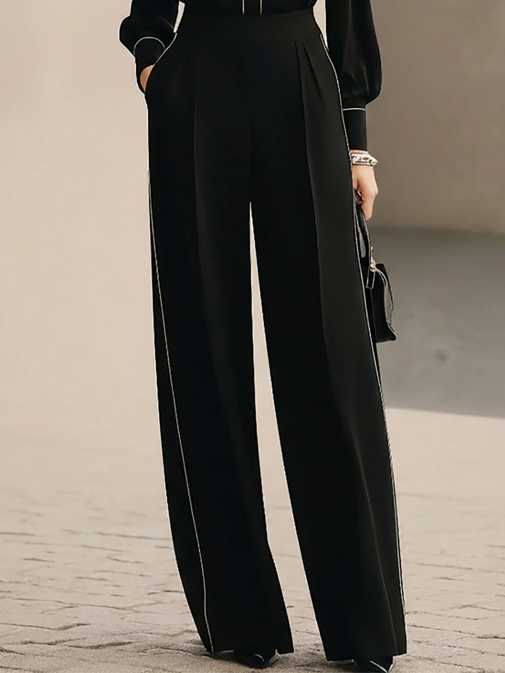 Zwart en Wit Getrimde Vlinderdas Blouse en Wijde Broek Twee-delige Set
