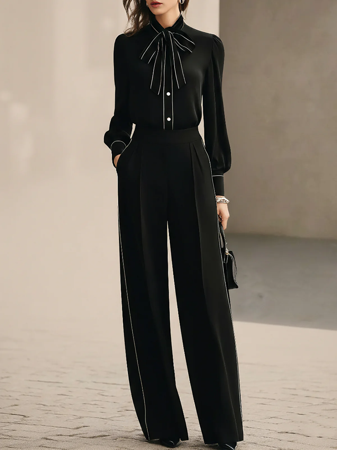 Zwart en Wit Getrimde Vlinderdas Blouse en Wijde Broek Twee-delige Set