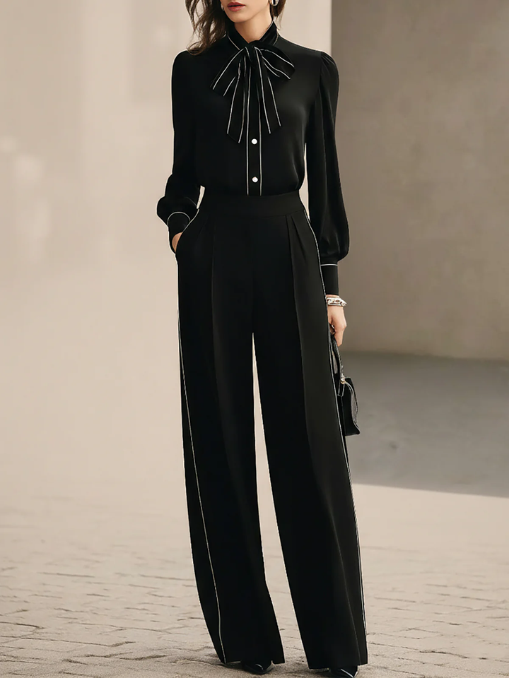 Zwart en Wit Getrimde Vlinderdas Blouse en Wijde Broek Twee-delige Set