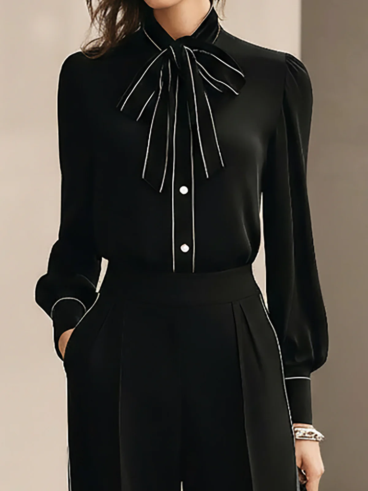 Zwart en Wit Getrimde Vlinderdas Blouse en Wijde Broek Twee-delige Set