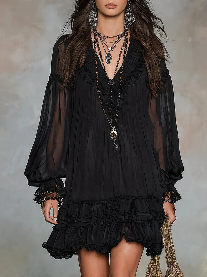 Zwarte V-hals Lantaansleeve Rimpel Chiffon Mini Jurk