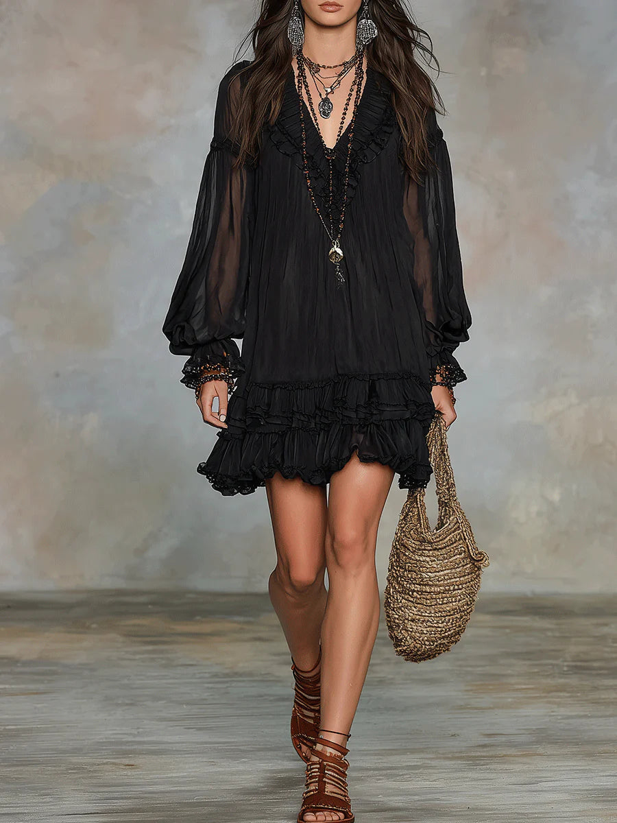 Zwarte V-hals Lantaansleeve Rimpel Chiffon Mini Jurk