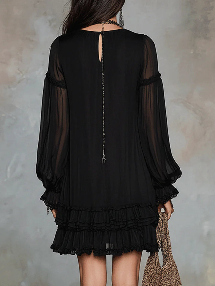 Zwarte V-hals Lantaansleeve Rimpel Chiffon Mini Jurk