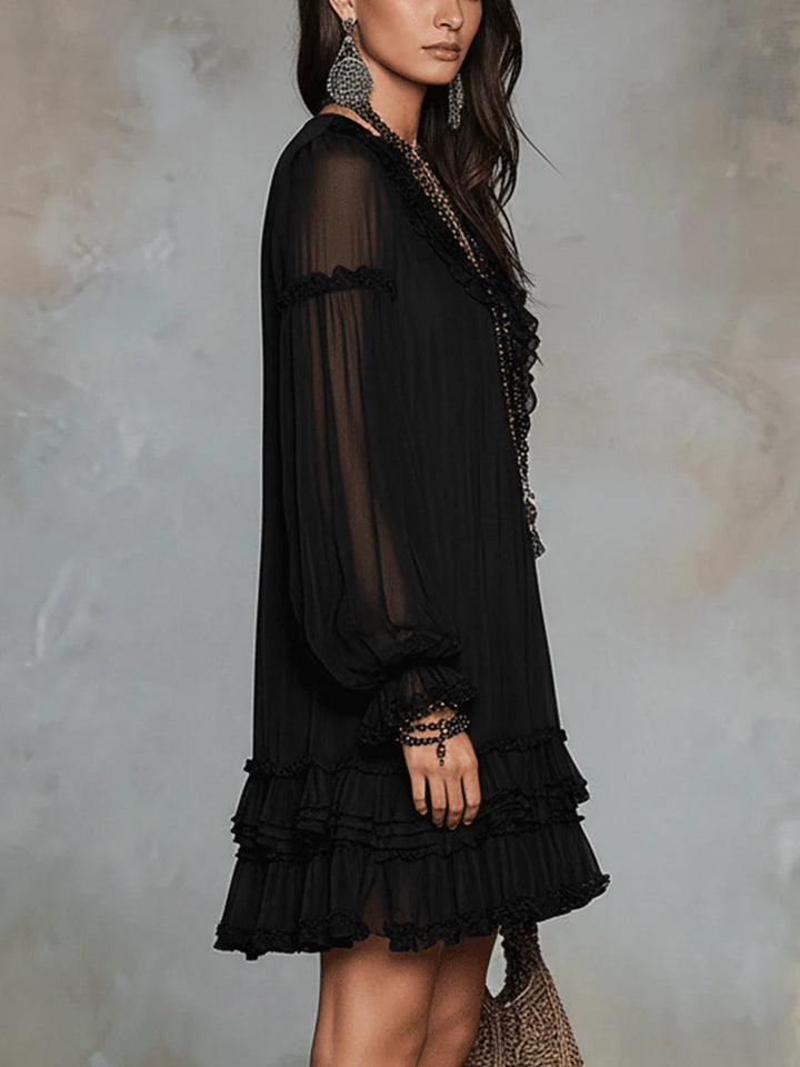 Zwarte V-hals Lantaansleeve Rimpel Chiffon Mini Jurk