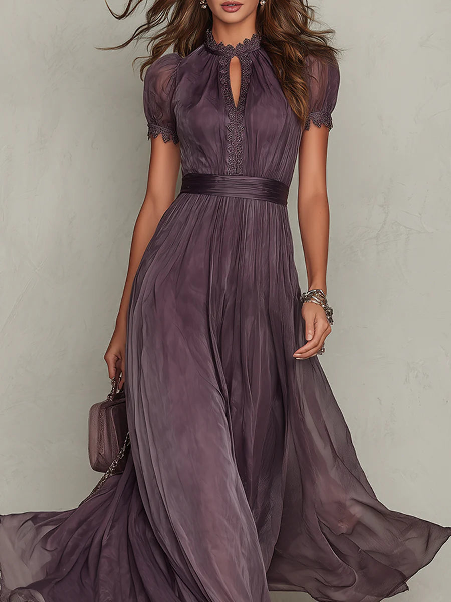 Paarse Sleutelgat Halslijn Chiffon Kant Trim Maxi Jurk