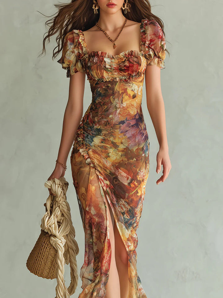 Viola - Lange chiffon jurk in oranje met olieverfschilderijprint in bohemian stijl