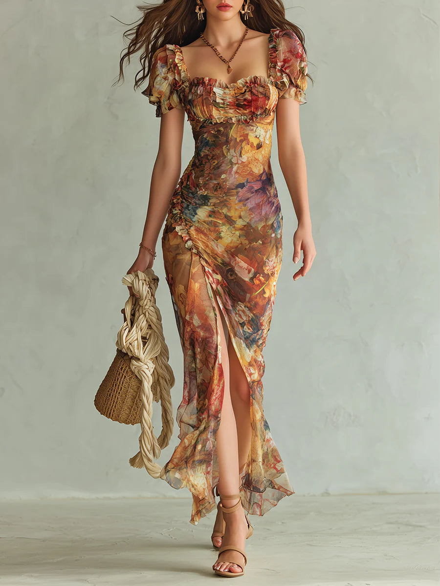 Viola - Lange chiffon jurk in oranje met olieverfschilderijprint in bohemian stijl