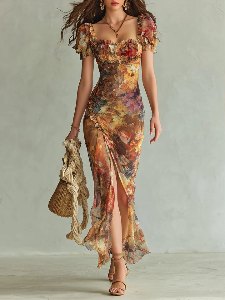 Viola - Lange chiffon jurk in oranje met olieverfschilderijprint in bohemian stijl