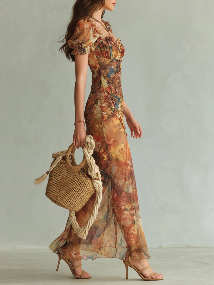 Viola - Lange chiffon jurk in oranje met olieverfschilderijprint in bohemian stijl