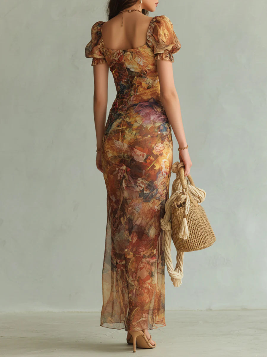 Viola - Lange chiffon jurk in oranje met olieverfschilderijprint in bohemian stijl