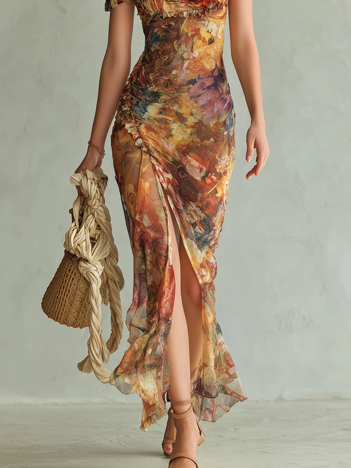 Viola - Lange chiffon jurk in oranje met olieverfschilderijprint in bohemian stijl