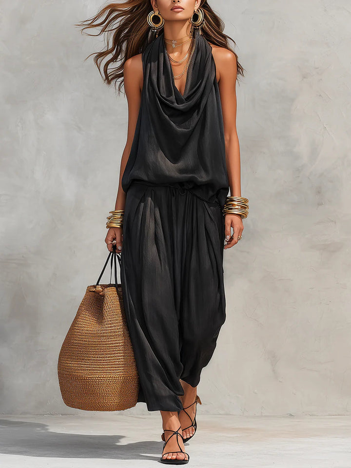 Zwarte Halter Nek Mouwloze Top En Plissé Broek Set