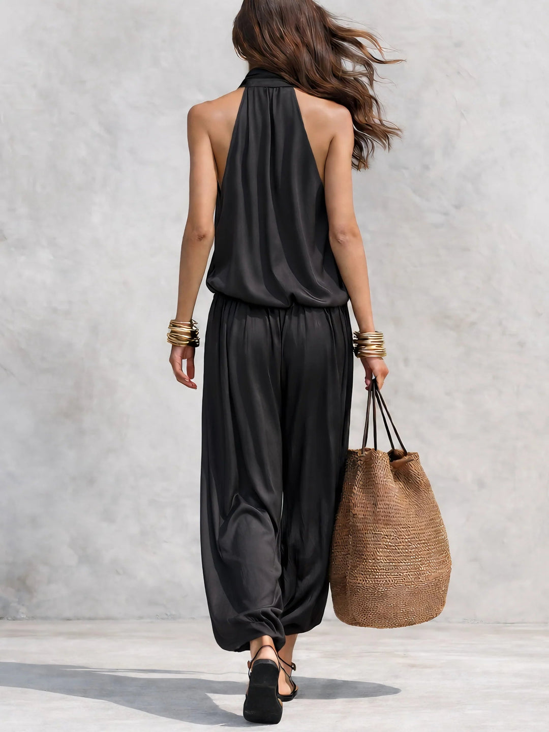 Zwarte Halter Nek Mouwloze Top En Plissé Broek Set