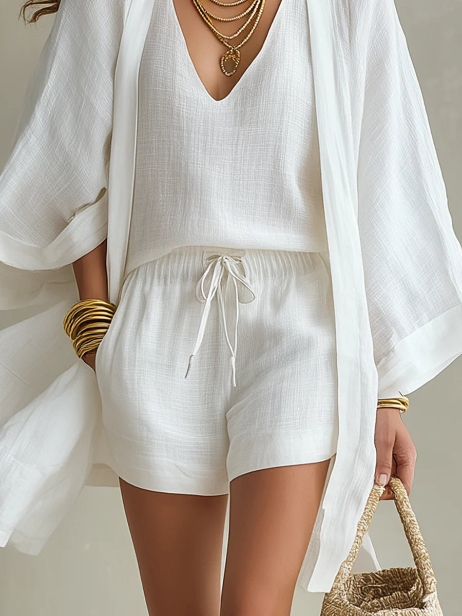 Witte Losse Cardigan En Koordshorts Drie-delige Set
