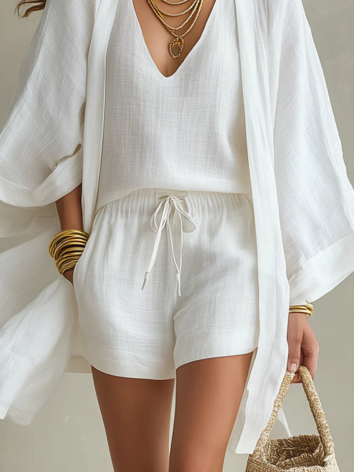 Witte Losse Cardigan En Koordshorts Drie-delige Set