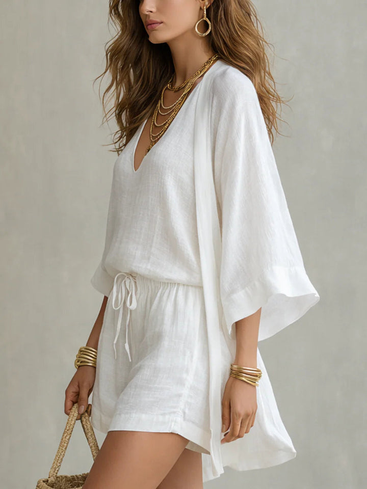 Witte Losse Cardigan En Koordshorts Drie-delige Set