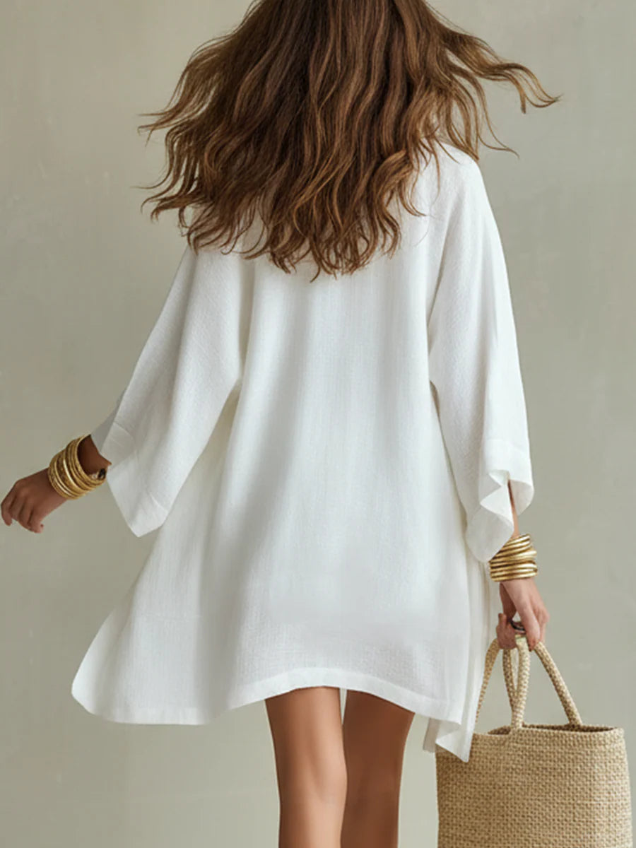 Witte Losse Cardigan En Koordshorts Drie-delige Set
