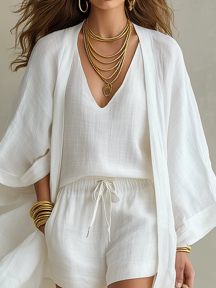 Witte Losse Cardigan En Koordshorts Drie-delige Set