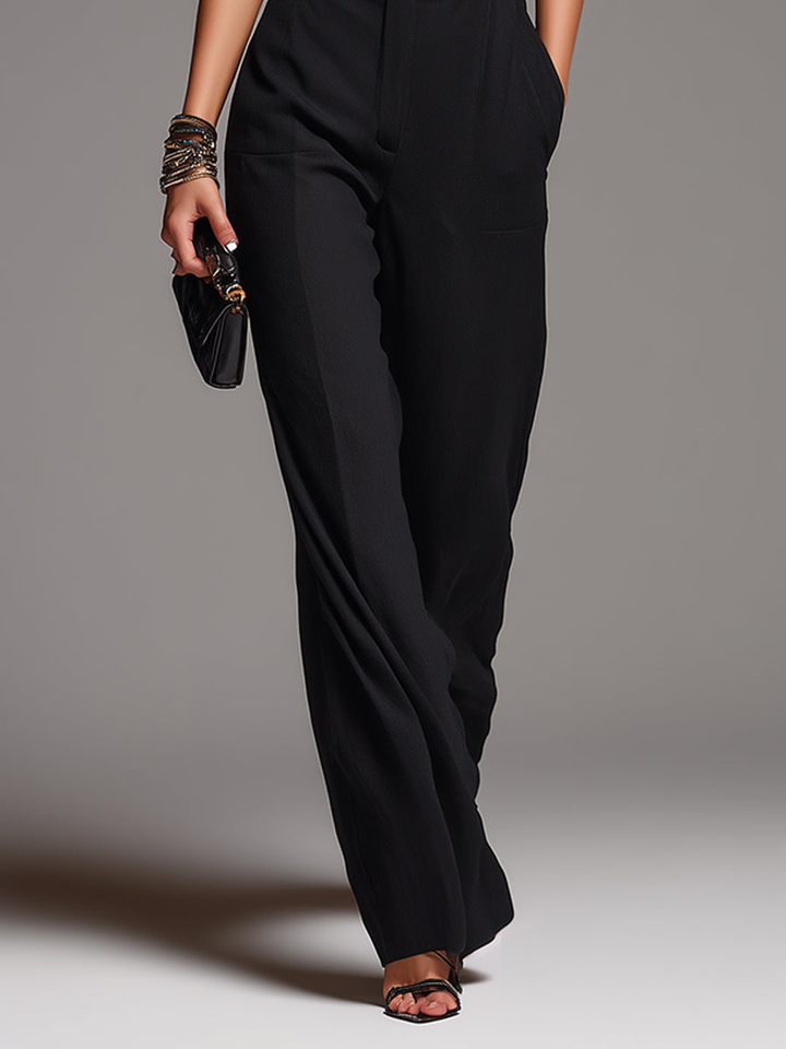 Zwarte Chiffon Blouse met Ruffles en Hoge Taille Wijdpijpen Set