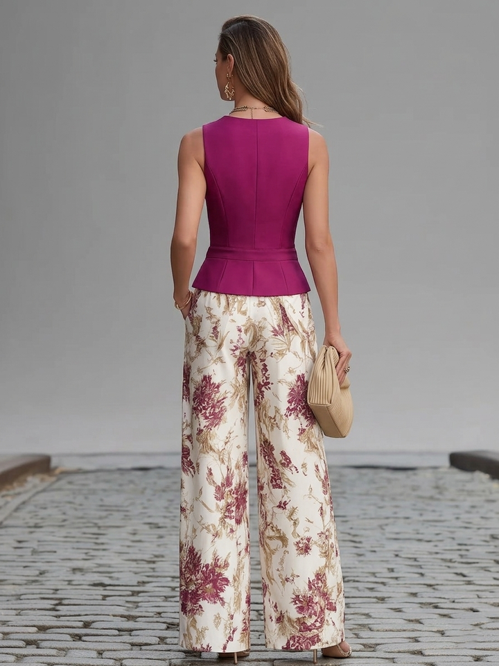 Roze Mouwloos Vest En Bloemenprint Wijde Broek Set