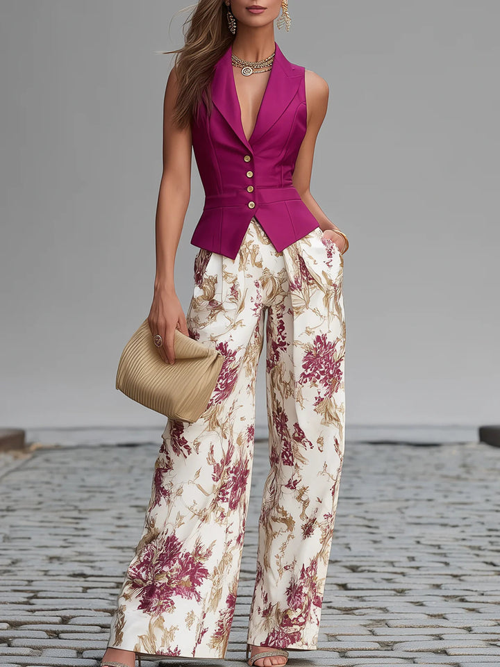 Roze Mouwloos Vest En Bloemenprint Wijde Broek Set
