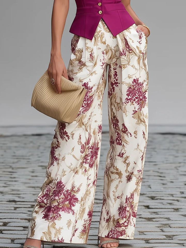 Roze Mouwloos Vest En Bloemenprint Wijde Broek Set