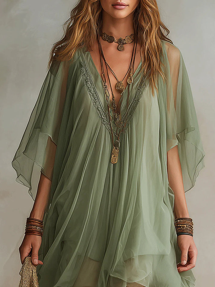 Groene Chiffon V-hals Laagjes Vloeiende Mini Jurk