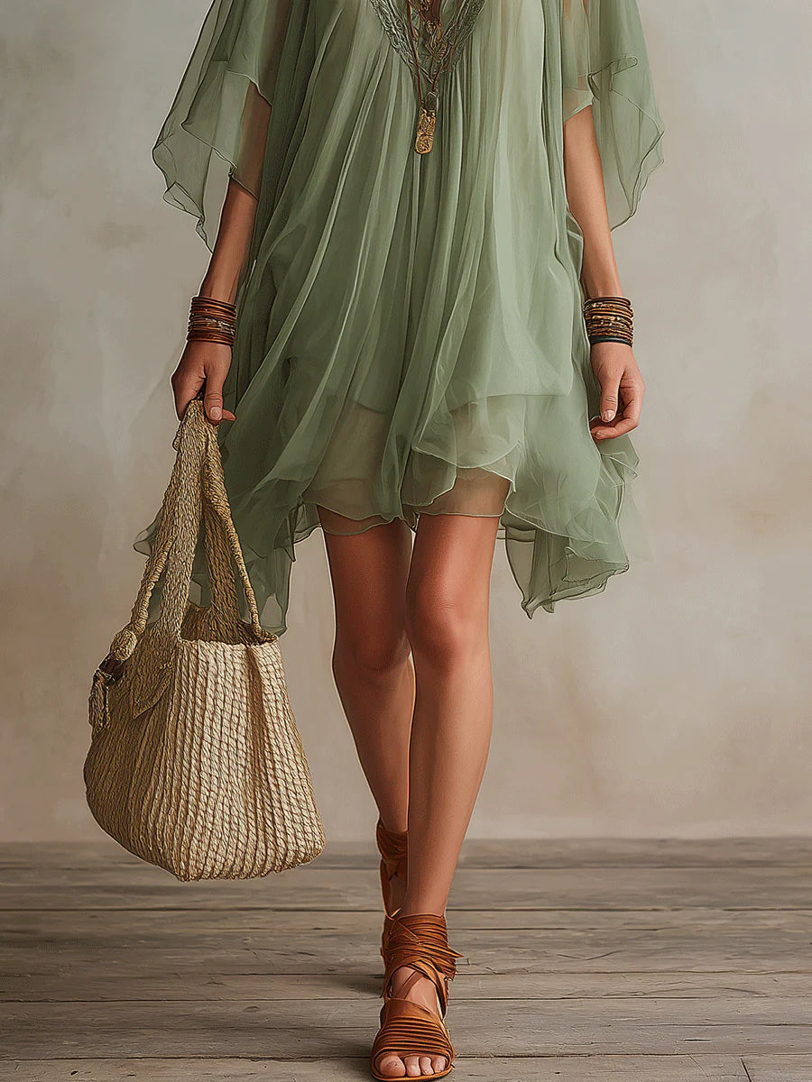 Groene Chiffon V-hals Laagjes Vloeiende Mini Jurk