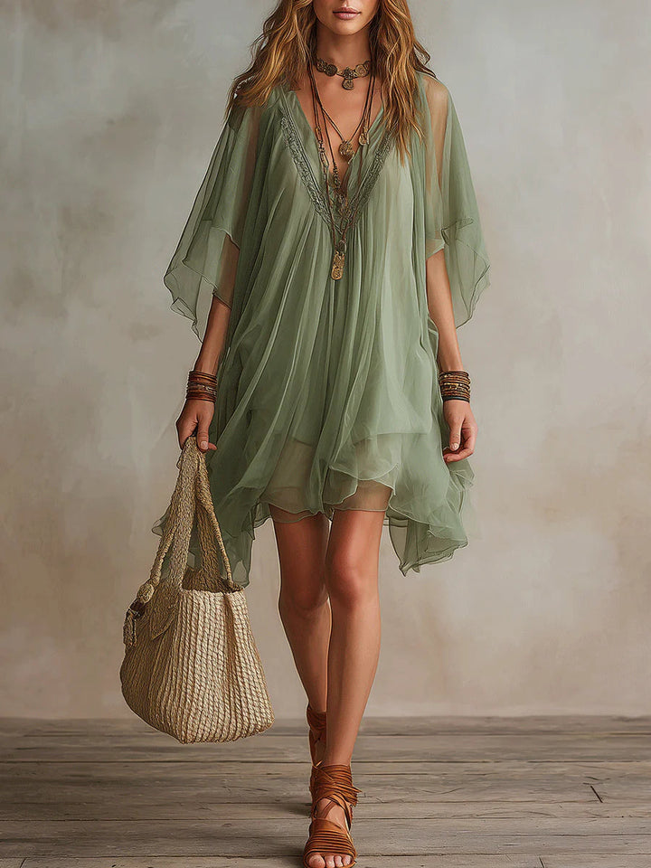 Groene Chiffon V-hals Laagjes Vloeiende Mini Jurk