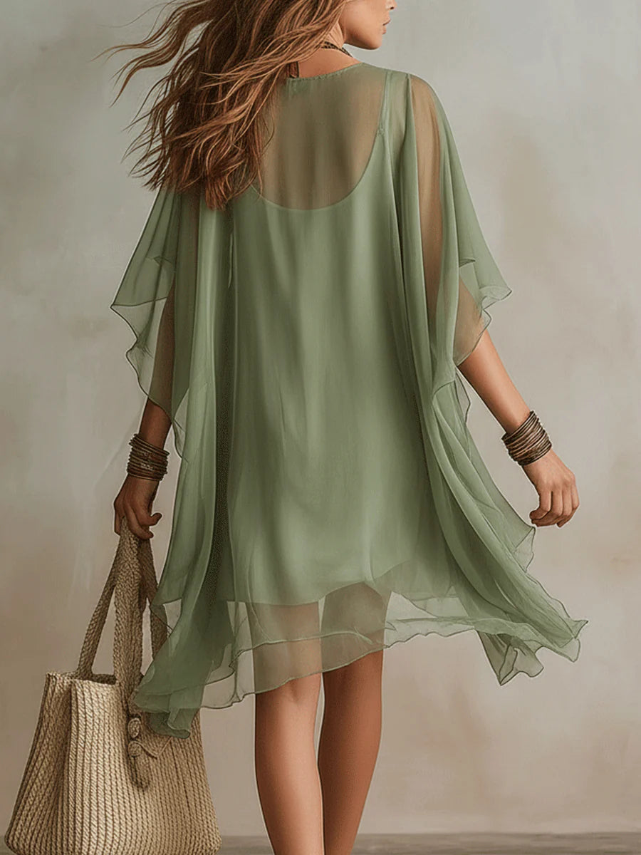 Groene Chiffon V-hals Laagjes Vloeiende Mini Jurk